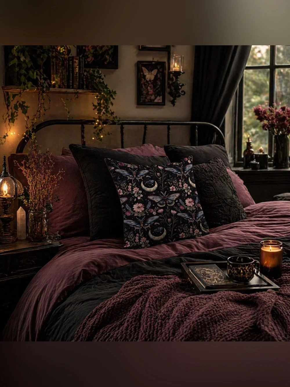 Dark Academia Gothic Moth Moon Floral Throw Pillow Cover 16x16 Celestial Dream